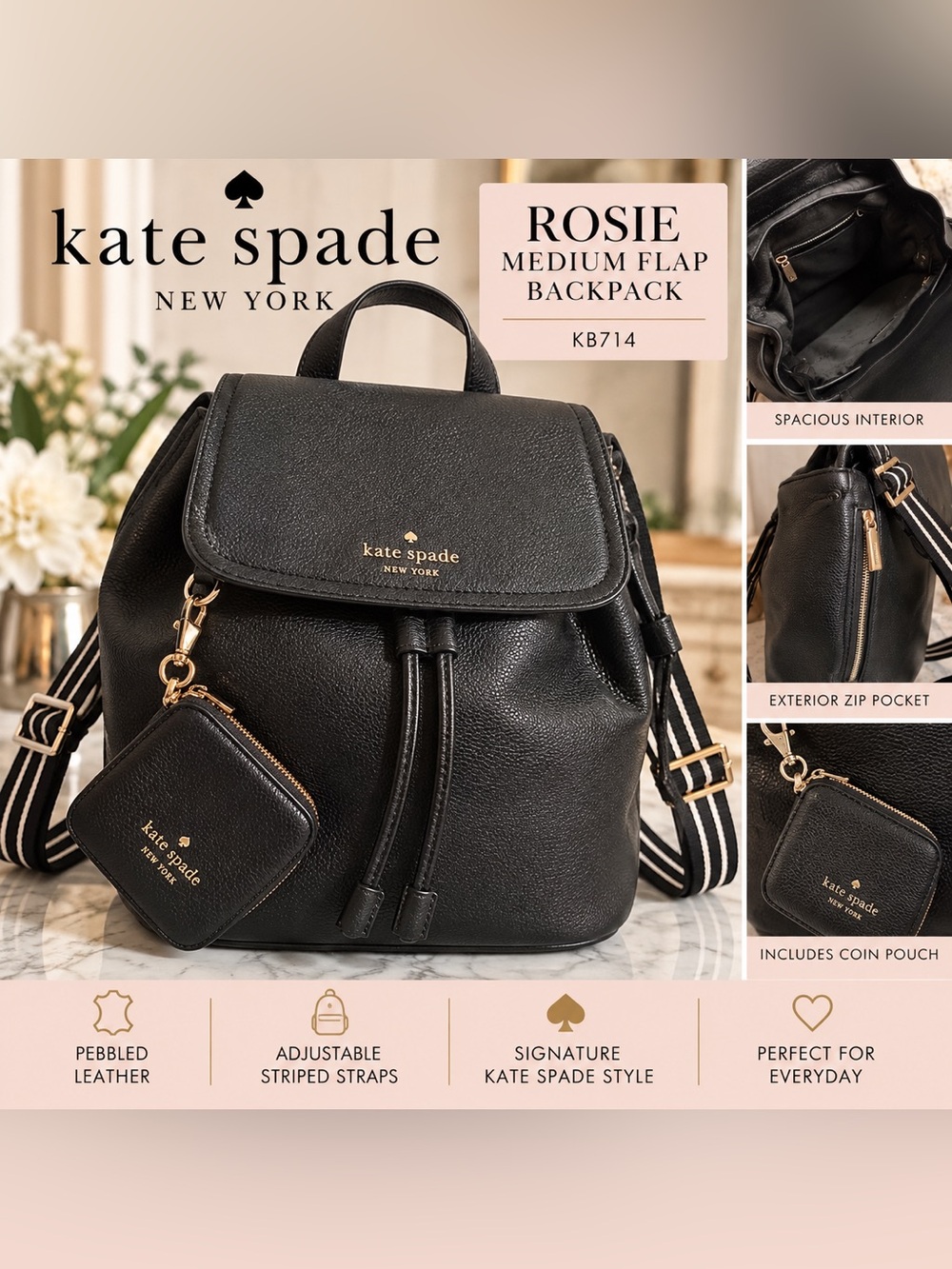 kate spade Black Rosie Medium Flap Backpack with Gold Accents
